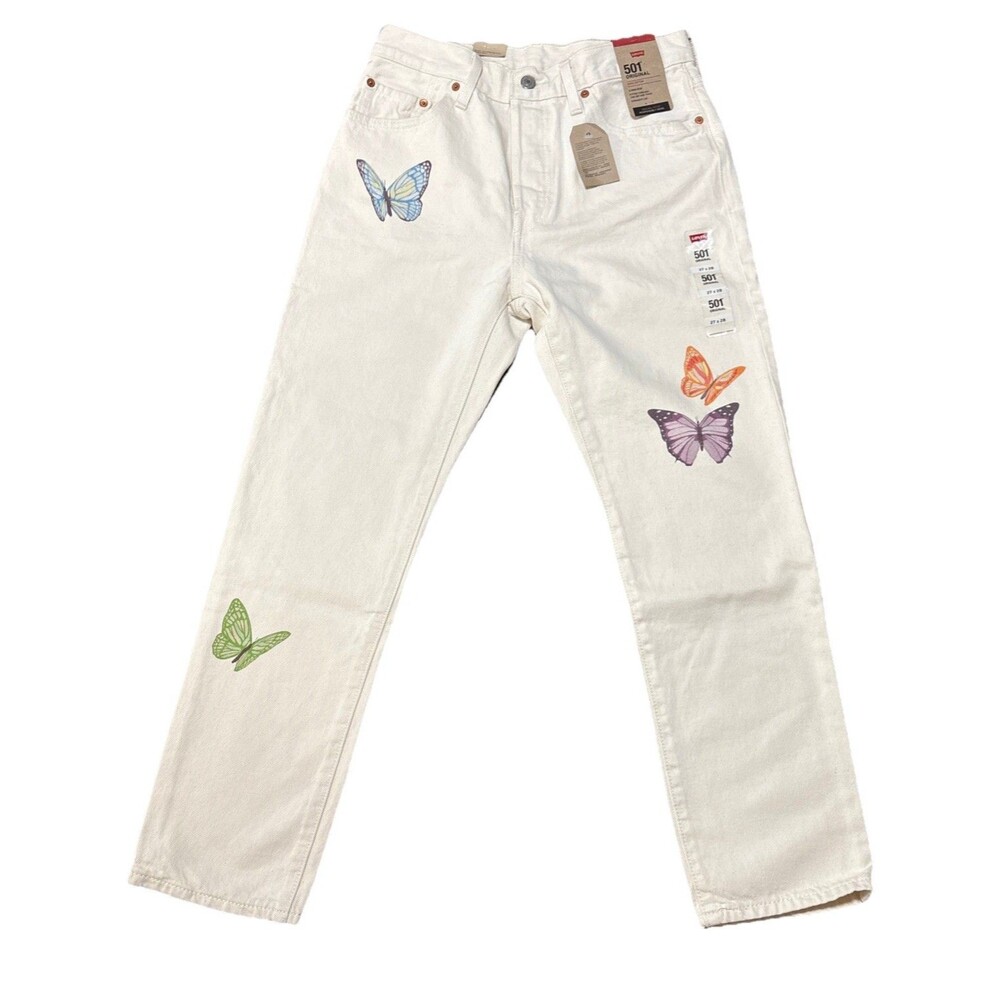 Levis 501 Original Crop Jeans 27 x 28 High Rise Straight Leg Butterfly Print NWT